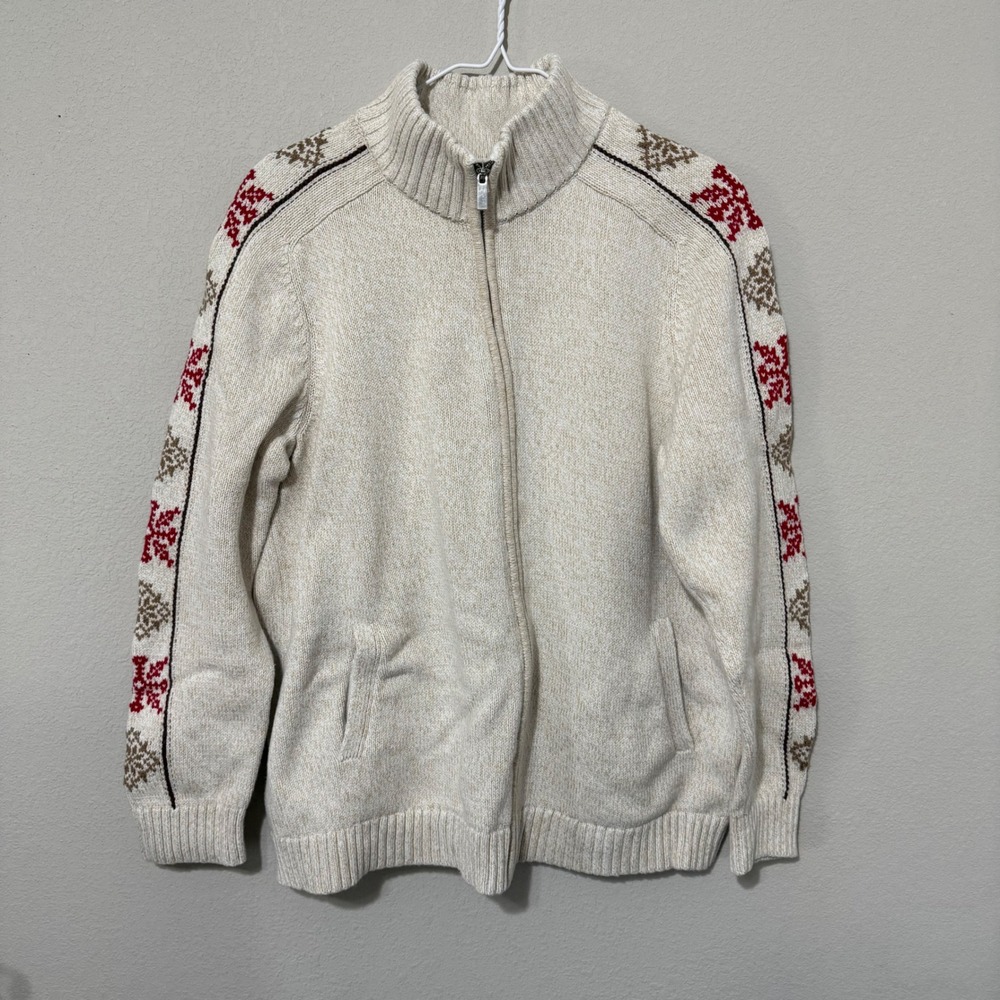 Lands End Women's Zip Up Drifter Jacket Tan Fair Isle Snowflake Sleeves Large